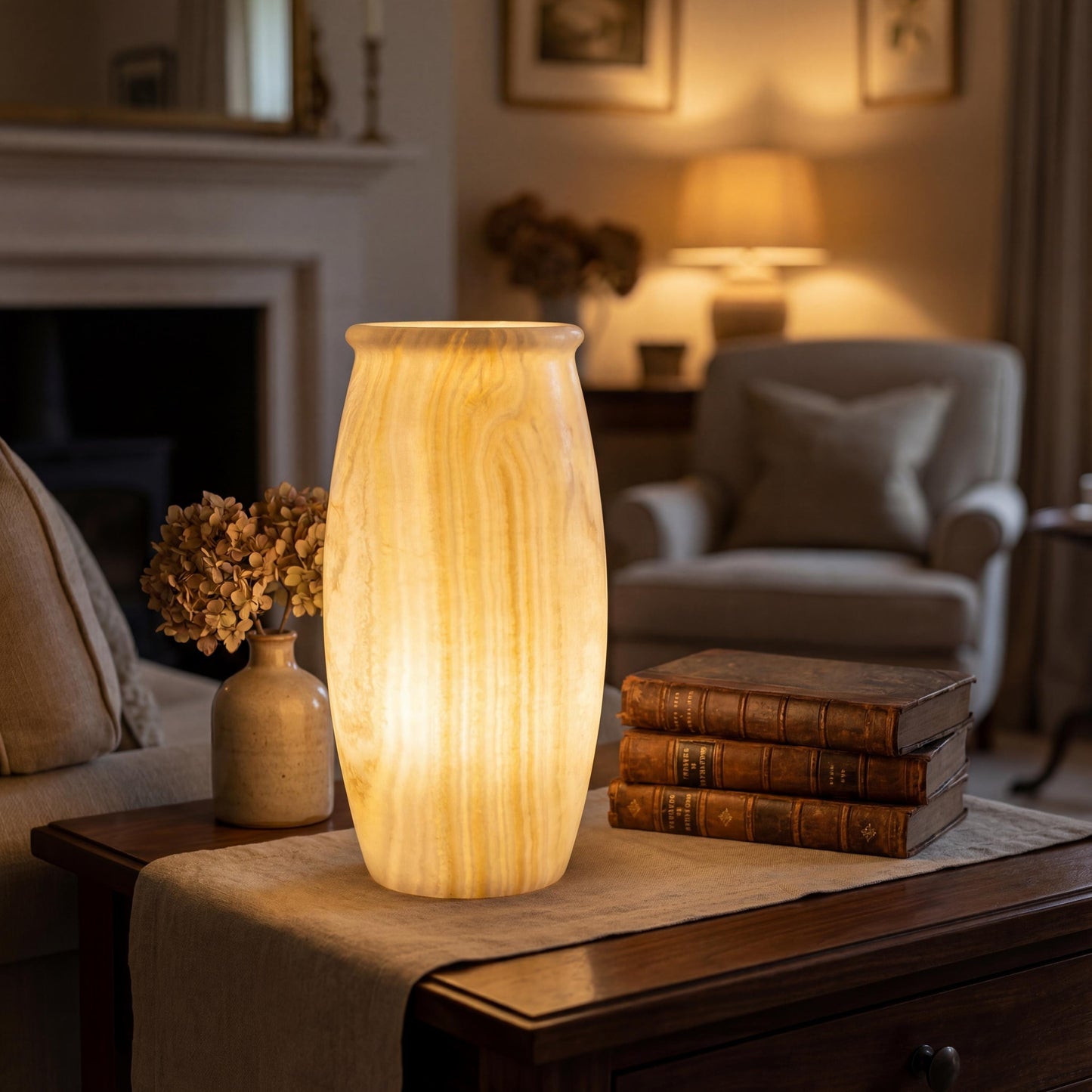 alabaster Egyptian Alabaster Table Lamp – Hand-Carved Natural Stone – UK Fitted – 37 × 17.5 cm - side view