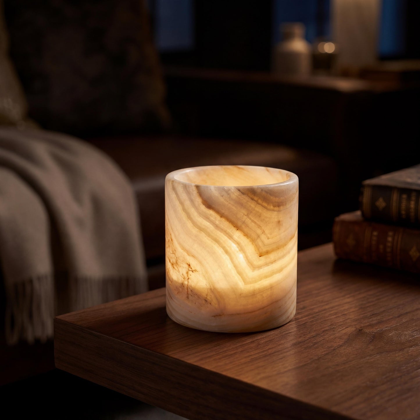 alabaster Egyptian Alabaster Candle Holder – Hand-Carved Natural Stone (10 × 10 cm) - side view