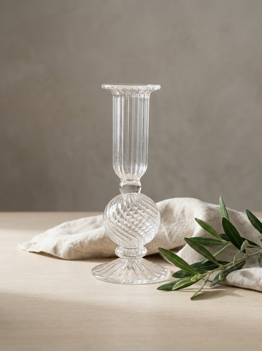 Handmade Ribbed Glass Candlestick 16 cm Hand Blown Egyptian Candle Holder by BEKYA