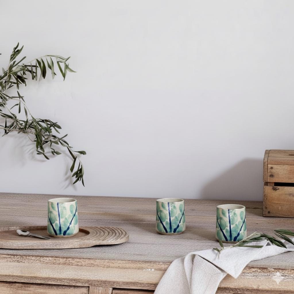Fayoum pottery Hand Painted Fayoum Pottery Espresso Cups Small Ceramic mug 7cm Green Leaf Brush Pattern - detail view