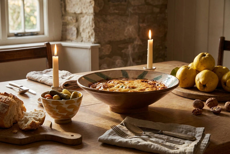 The autumn table: warm glaze, low light, food that takes time
