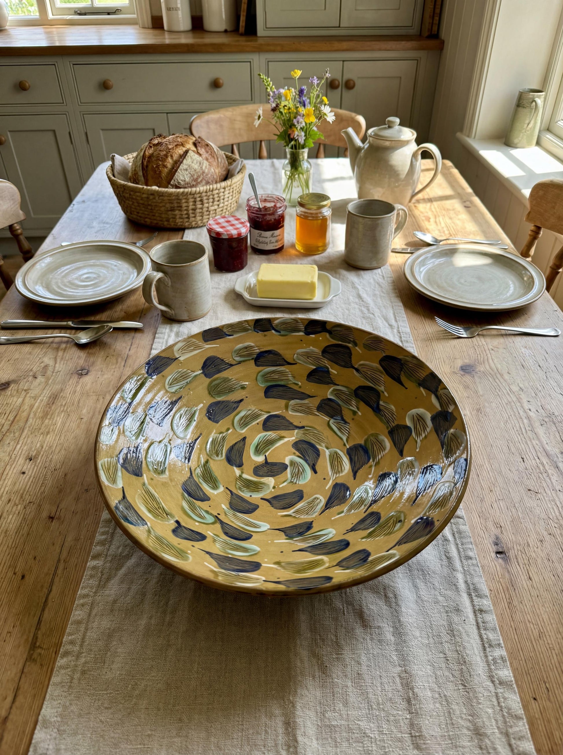 Fayoum pottery Hand-Painted Fayoum Pottery Large Serving Bowl – 37cm – Earth-Tone Leaf Pattern – Deep Egyptian Artisan Cer...