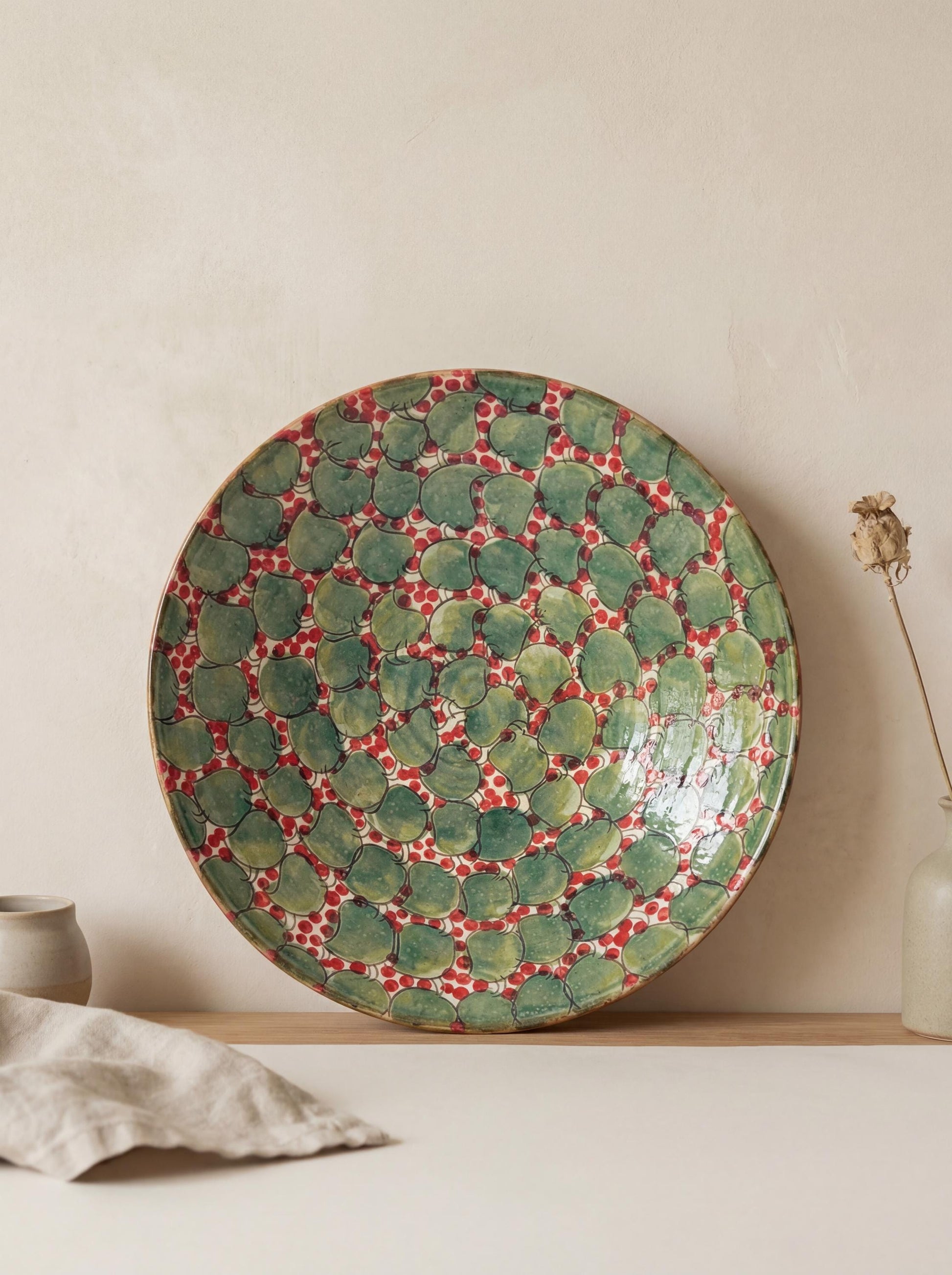 Fayoum pottery Fayoum Handmade Ceramic Serving Bowl – Green & Red Pattern – 41.5 cm - side view