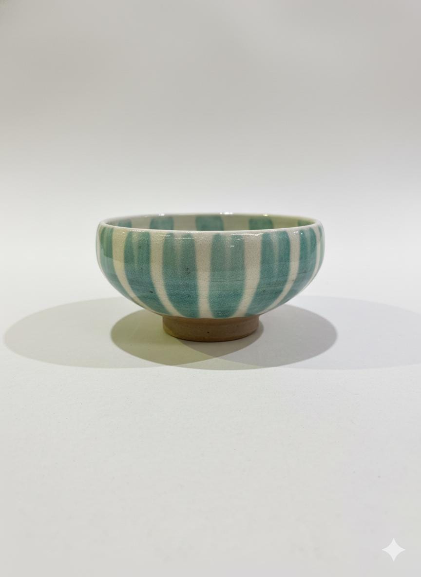 Fayoum pottery Handmade Fayoum Pottery Bowl | Egyptian Ceramic Art, Green Teal Stripes - detail view
