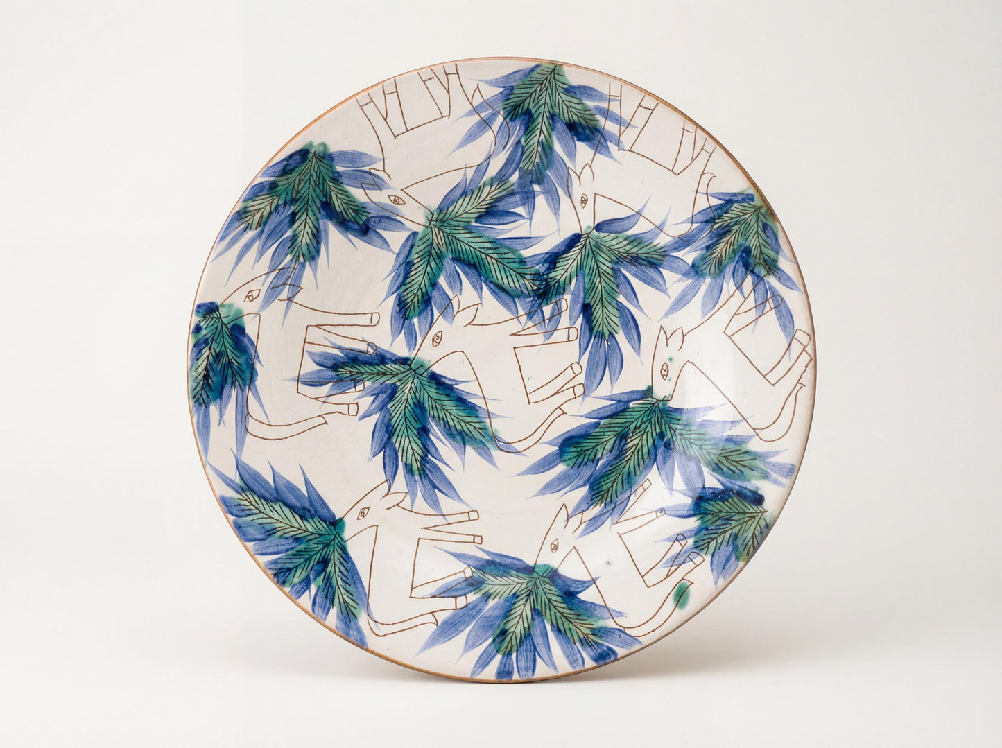Fayoum pottery Fayoum Ceramic Large Serving Plate – Blue Palm & Gazelle Pattern – 44cm - front view