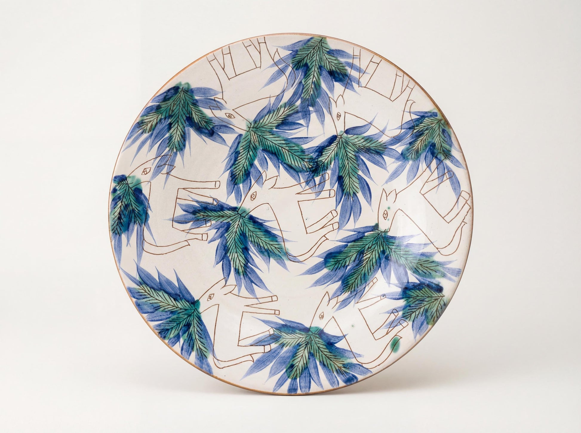 Fayoum pottery Fayoum Ceramic Large Serving Plate – Blue Palm & Gazelle Pattern – 44cm - front view