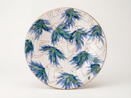 Fayoum pottery Fayoum Ceramic Large Serving Plate – Blue Palm & Gazelle Pattern – 44cm - front view