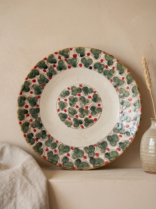 Fayoum pottery Handmade Fayoum Ceramic Plate – Green Floral Pattern – 37 cm - front view