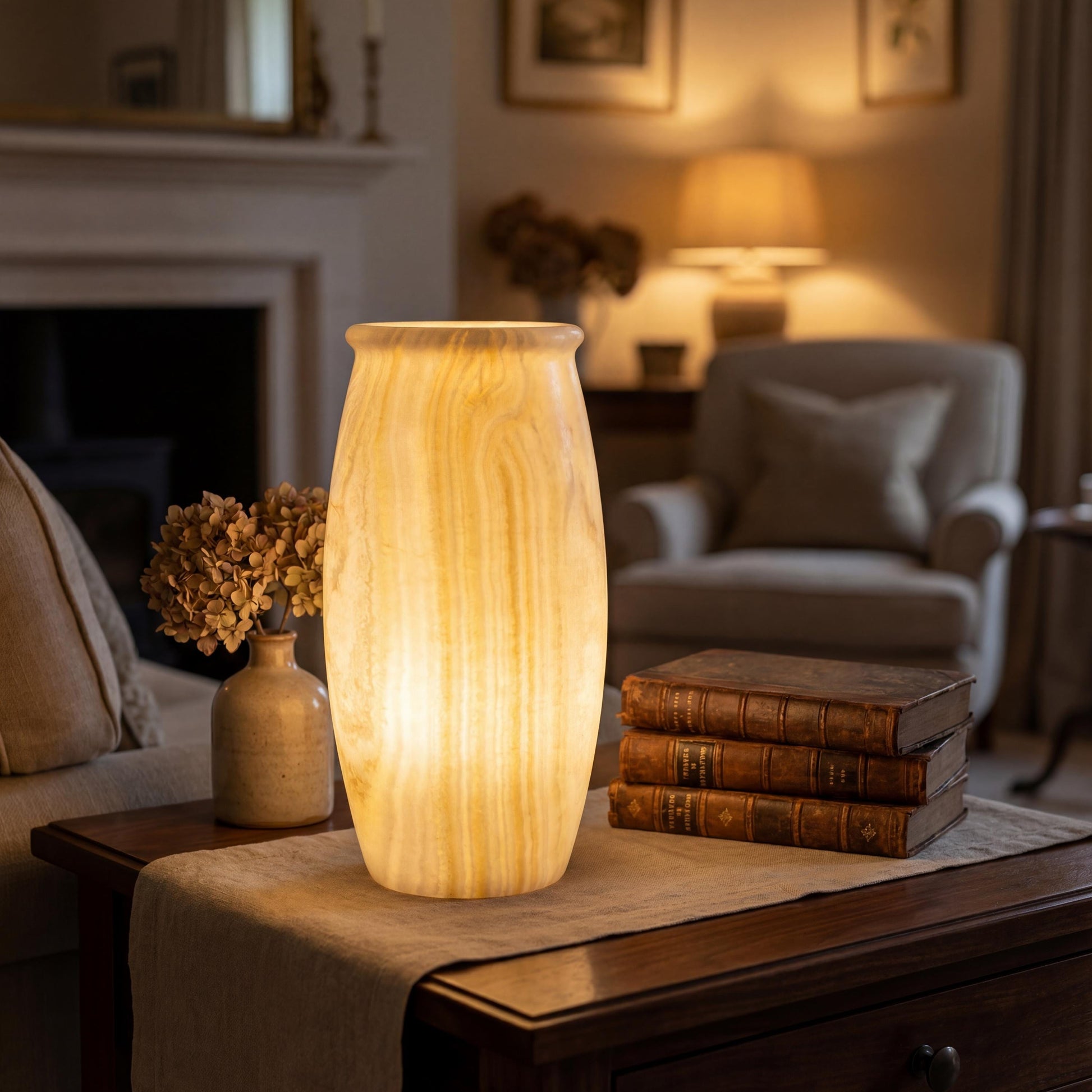 alabaster Egyptian Alabaster Table Lamp – Hand-Carved Natural Stone – UK Fitted – 37 × 17.5 cm - side view