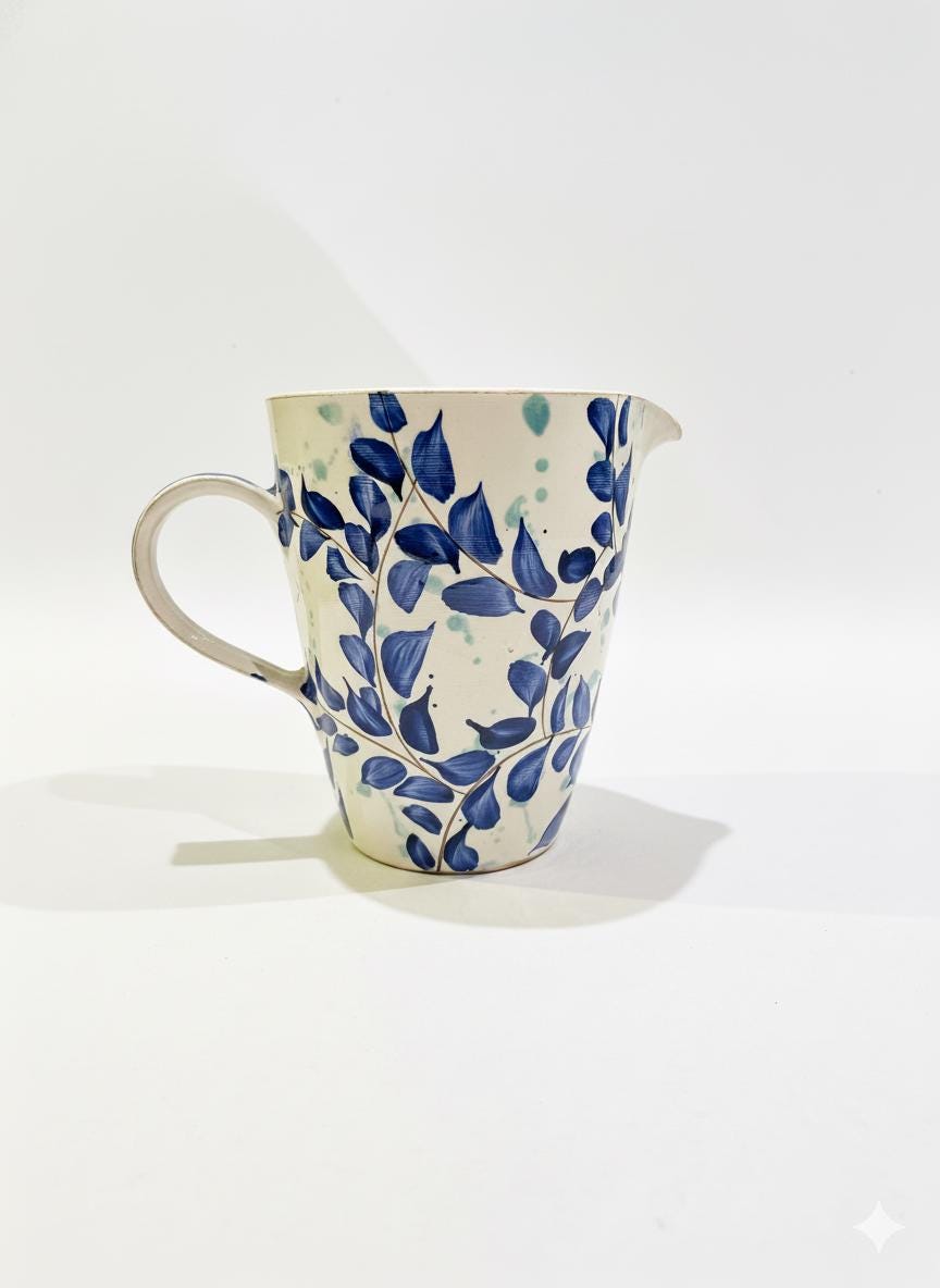 Fayoum pottery Handmade Egyptian Pottery Jug, Blue Leaf Fayoum Vase, 22cm - front view