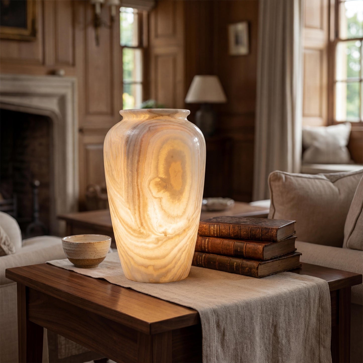 alabaster Large Egyptian Alabaster Table Lamp – Hand-Carved Natural Stone (39 × 23.5 cm) - side view