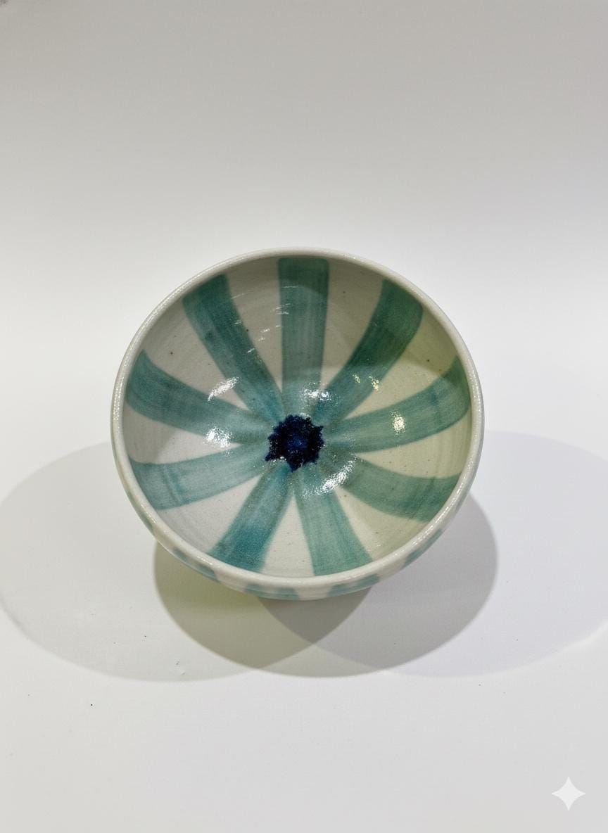 Fayoum pottery Handmade Fayoum Pottery Bowl | Egyptian Ceramic Art, Green Teal Stripes - front view