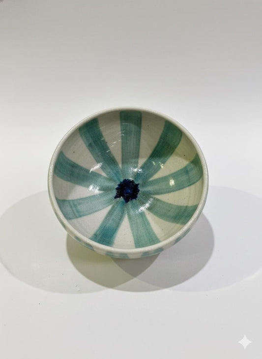 Fayoum pottery Handmade Fayoum Pottery Bowl | Egyptian Ceramic Art, Green Teal Stripes - front view