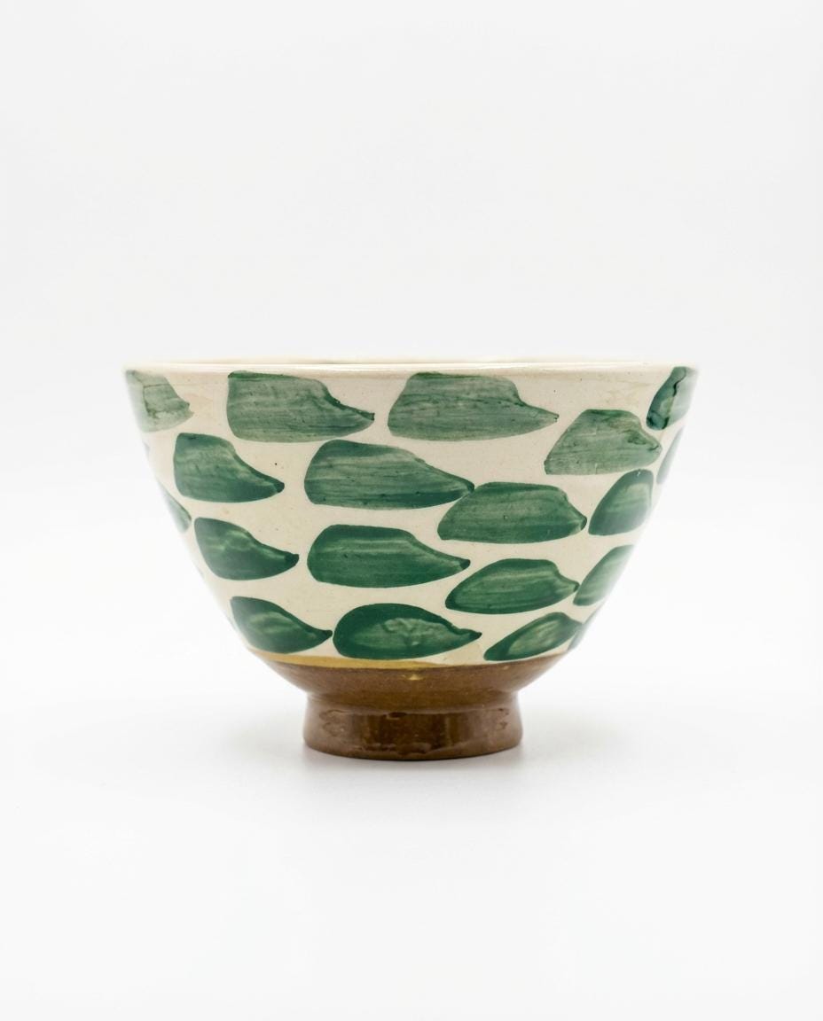 Fayoum pottery Fayoum Ceramic Bowl – Hand Painted Egyptian Pottery Small Bowl – Green Leaf Pattern – 18cm - front view
