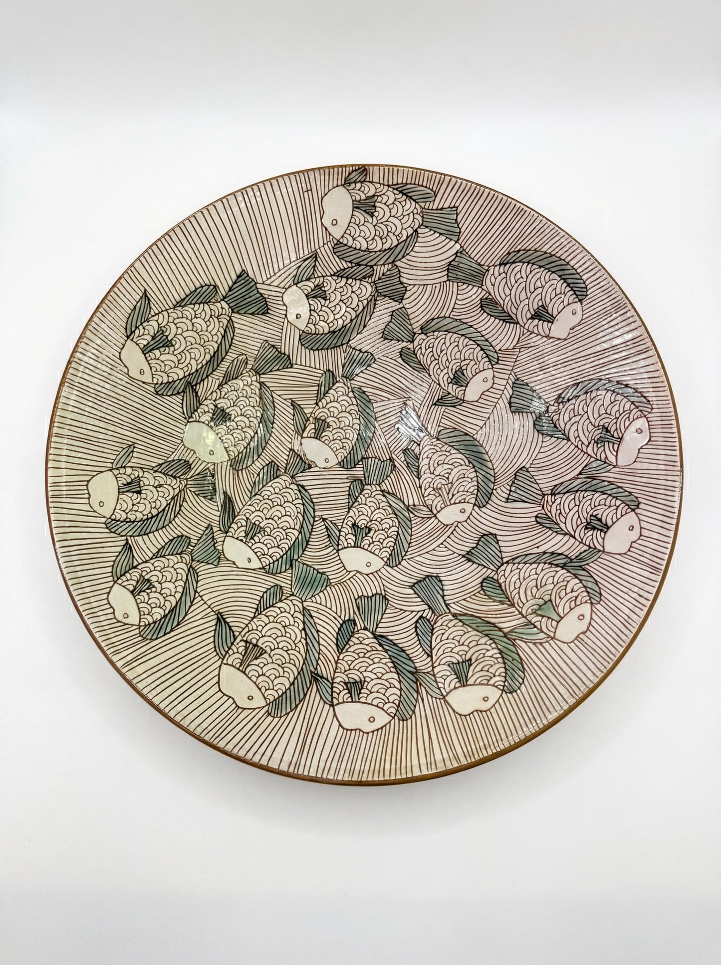 Fayoum pottery Hand-Painted Fayoum Pottery Bowl – Egyptian Fish Design, 39.5cm - front view