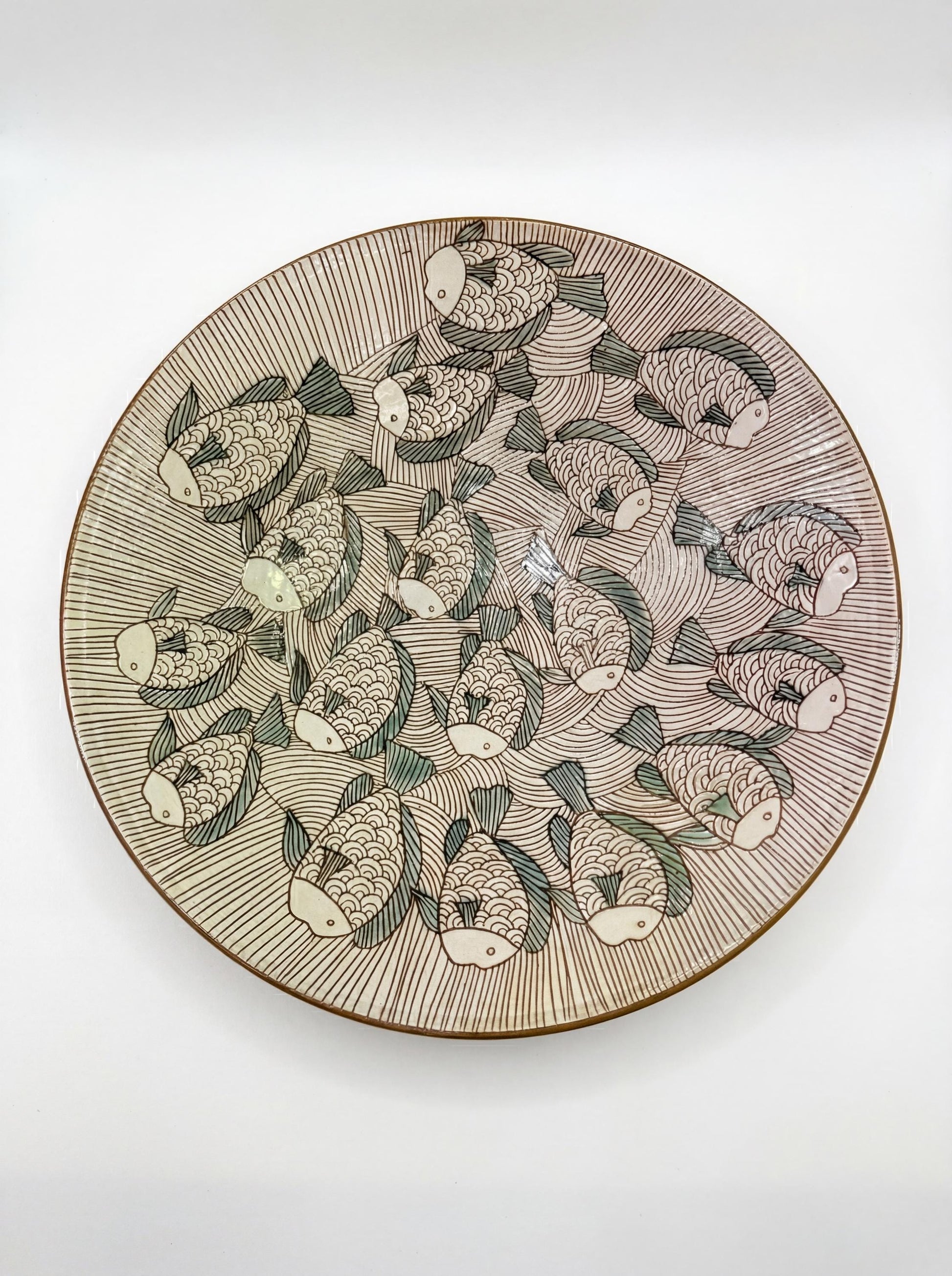 Fayoum pottery Hand-Painted Fayoum Pottery Bowl – Egyptian Fish Design, 39.5cm - front view