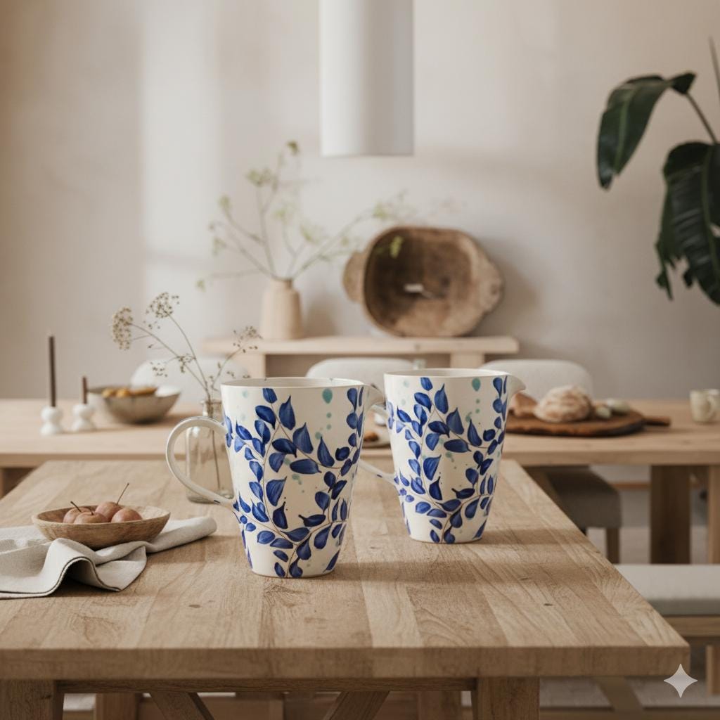 Fayoum pottery Handmade Egyptian Pottery Jug, Blue Leaf Fayoum Vase, 22cm - side view