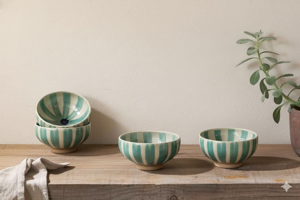 Fayoum pottery Handmade Fayoum Pottery Bowl | Egyptian Ceramic Art, Green Teal Stripes - side view