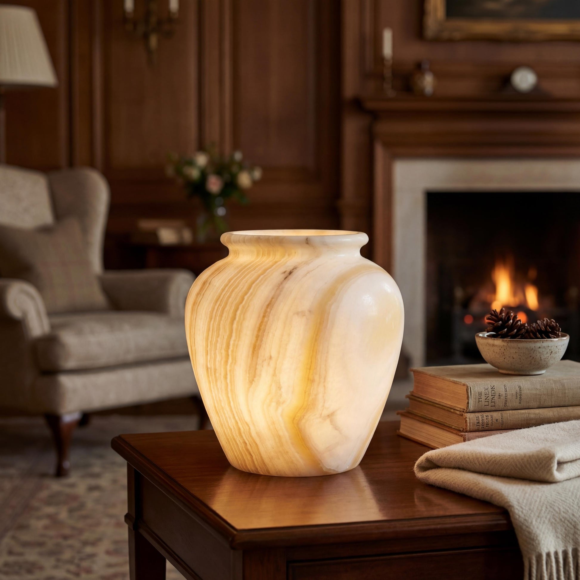 alabaster Egyptian Alabaster Table Lamp – Hand-Carved Natural Stone – UK Fitted – 25 × 23 cm - side view