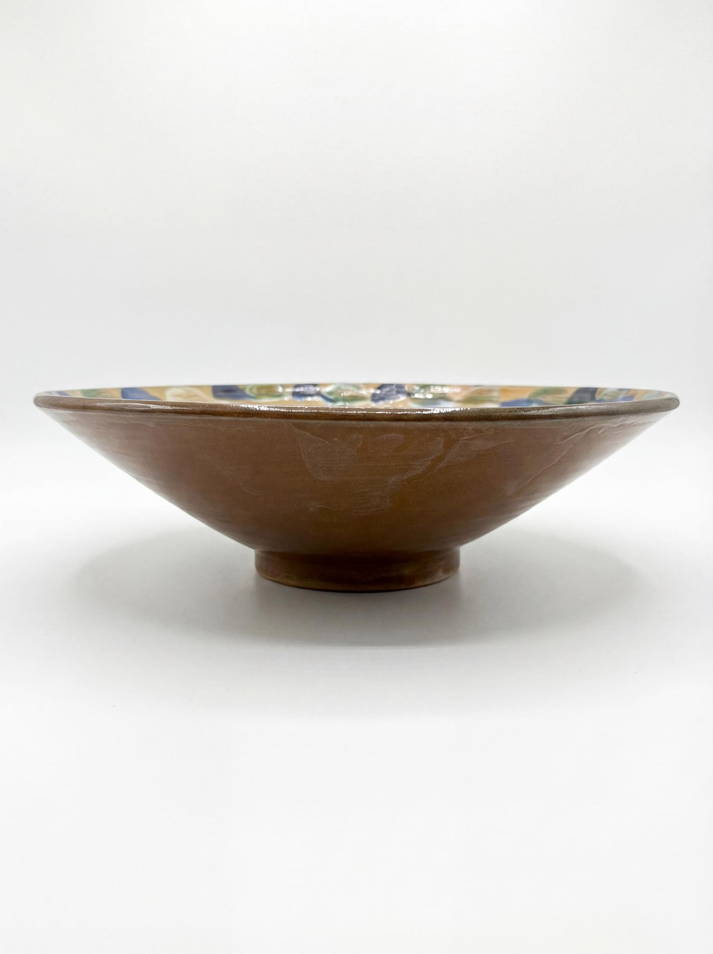Fayoum pottery Hand-Painted Fayoum Pottery Large Serving Bowl – 37cm – Earth-Tone Leaf Pattern – Deep Egyptian Artisan Cer...