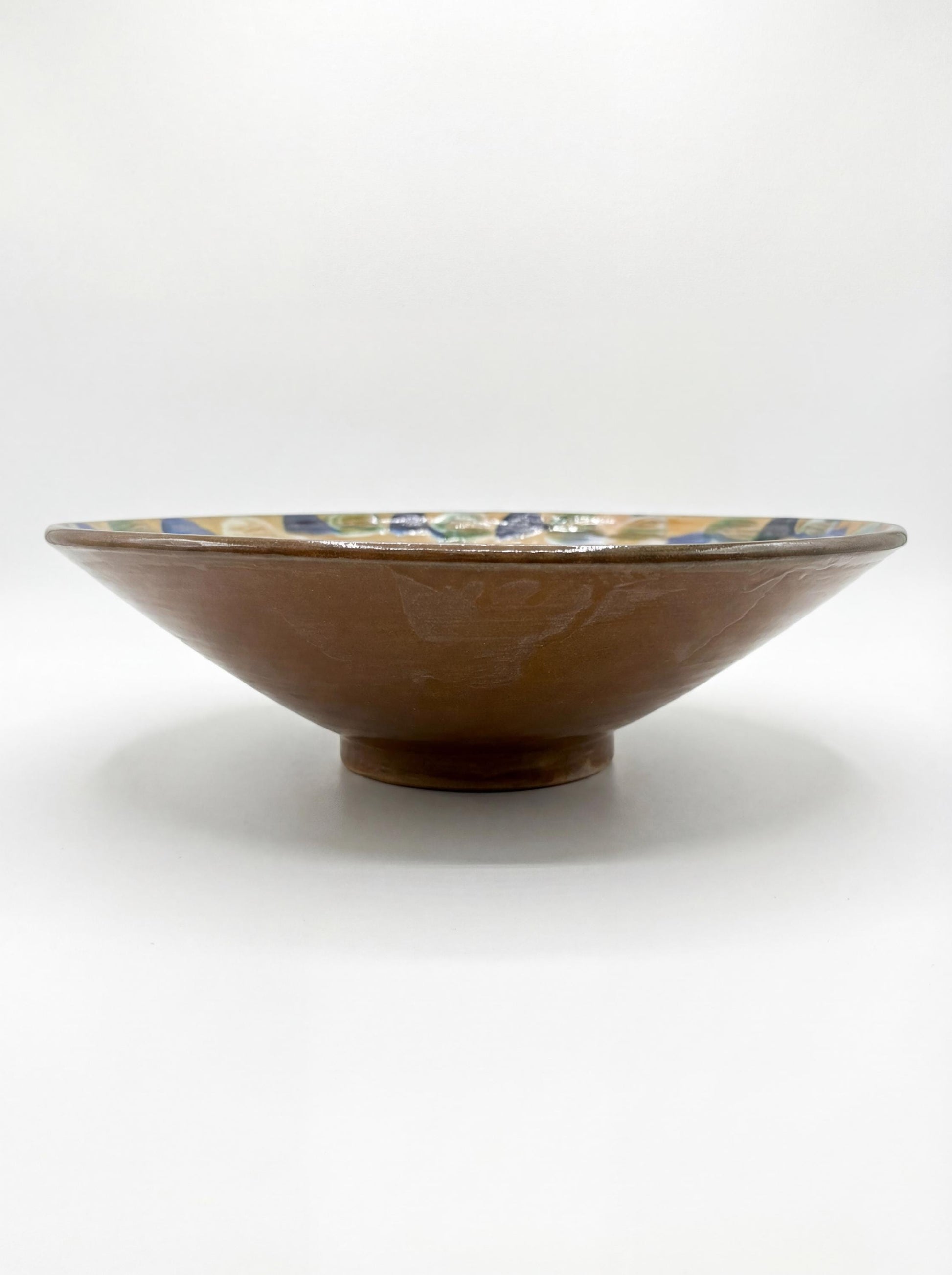 Fayoum pottery Hand-Painted Fayoum Pottery Large Serving Bowl – 37cm – Earth-Tone Leaf Pattern – Deep Egyptian Artisan Cer...