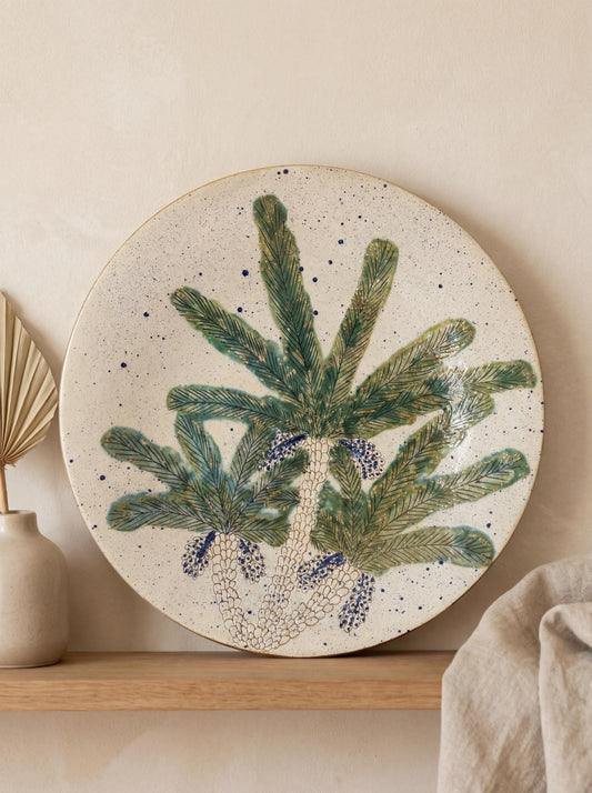 Fayoum pottery Fayoum Ceramic Large Serving Plate – Green Palm & Date Cluster Pattern – 48cm - front view