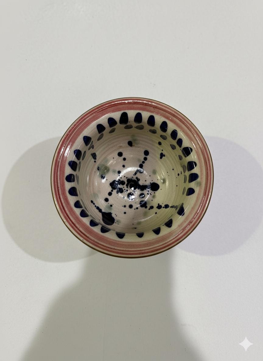 Fayoum pottery Hand-Painted Fayoum Pottery Bowl: Egyptian Ceramic Mezze Dish, Blue Dot Design - side view