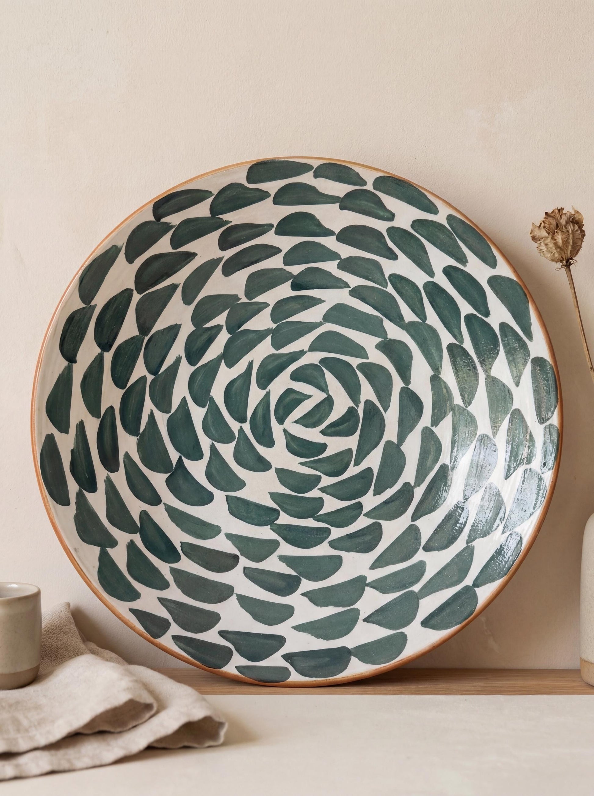 Fayoum pottery Large Hand-Painted Egyptian Pottery Bowl, Fayoum Ceramic Serveware, 39 cm Decorative Centerpiece - front view