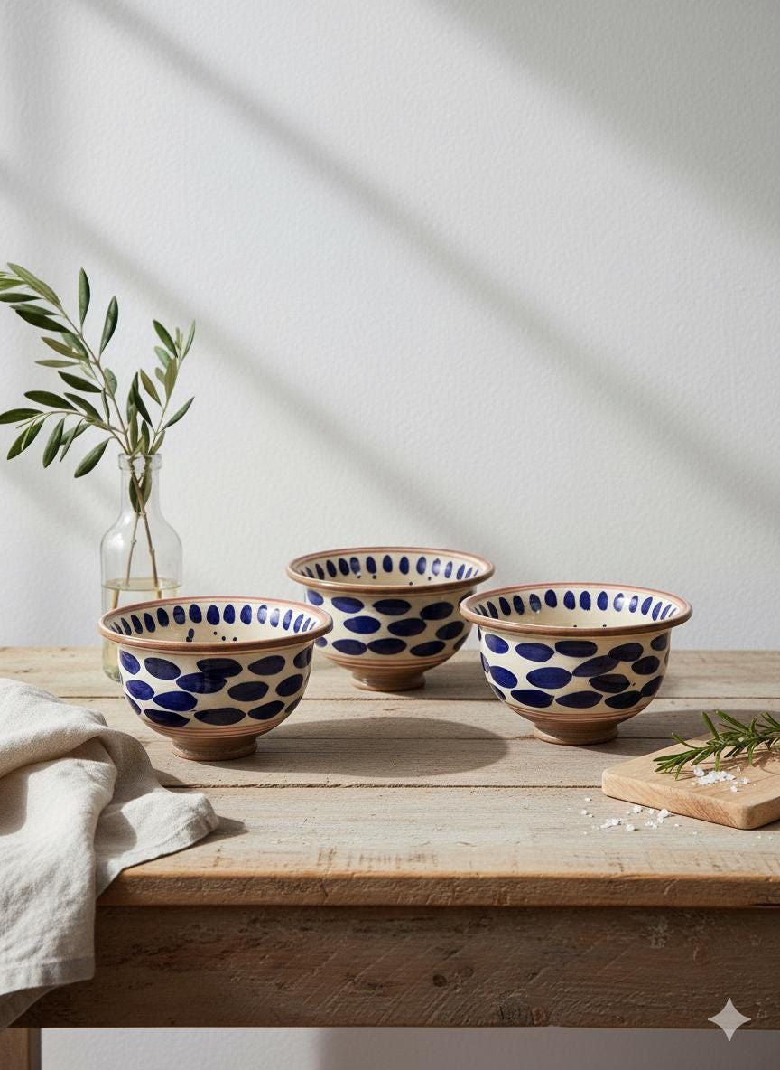 Fayoum pottery Hand-Painted Fayoum Pottery Bowl: Egyptian Ceramic Mezze Dish, Blue Dot Design - front view