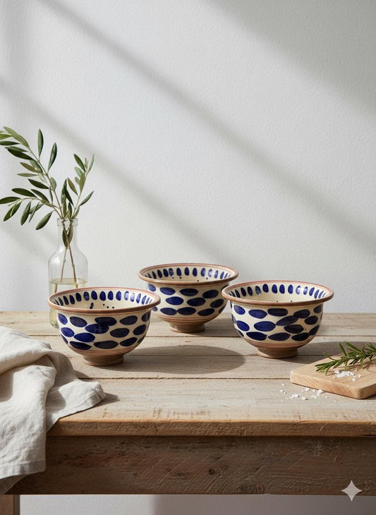 Fayoum pottery Hand-Painted Fayoum Pottery Bowl: Egyptian Ceramic Mezze Dish, Blue Dot Design - front view