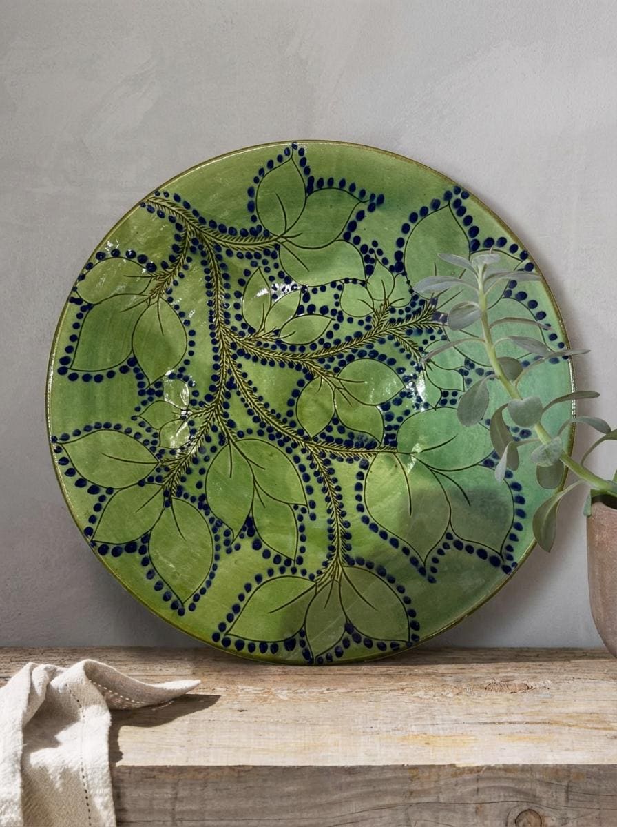 Fayoum pottery Egyptian Fayoum Pottery Decorative Serving Bowl – Green Leaf & Blue Hand-Painted Ceramic – 37.5 × 9 cm - fr...