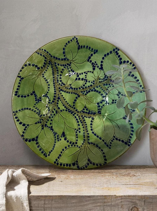 Fayoum pottery Egyptian Fayoum Pottery Decorative Serving Bowl – Green Leaf & Blue Hand-Painted Ceramic – 37.5 × 9 cm - fr...