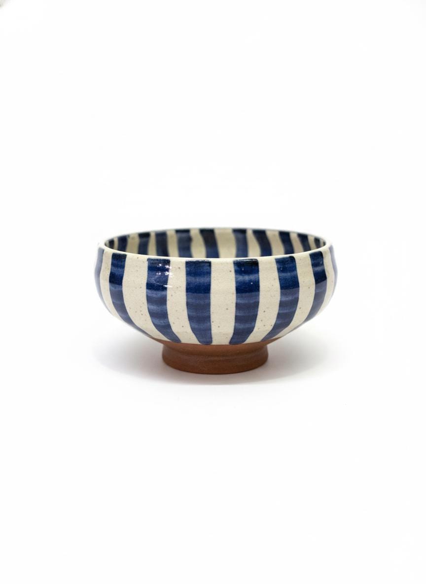Fayoum pottery Fayoum Pottery Blue Striped Serving Bowl 17cm – Handmade Egyptian Ceramic - front view