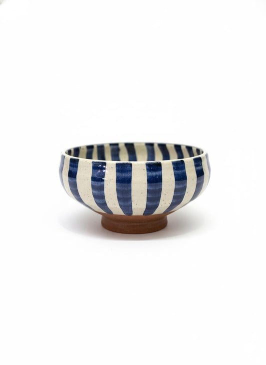 Fayoum pottery Fayoum Pottery Blue Striped Serving Bowl 17cm – Handmade Egyptian Ceramic - front view