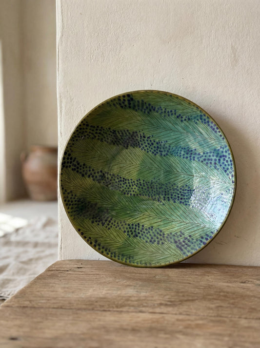 Fayoum pottery Fayoum Handmade Ceramic Serving Bowl – Green Leaf Design – 38 cm - front view