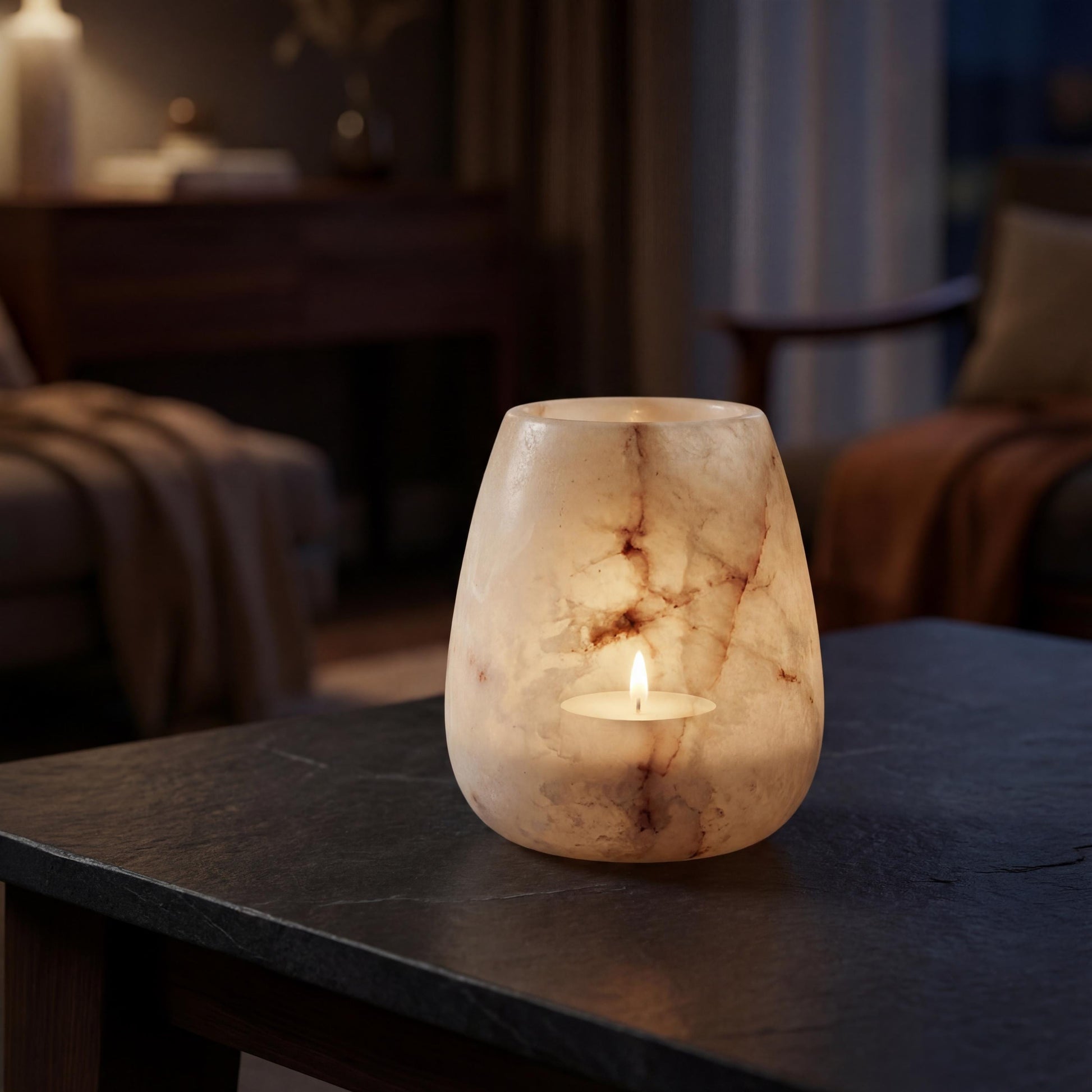 alabaster Egyptian Alabaster Candle Holder – 14.5 × 12.5 cm - side view