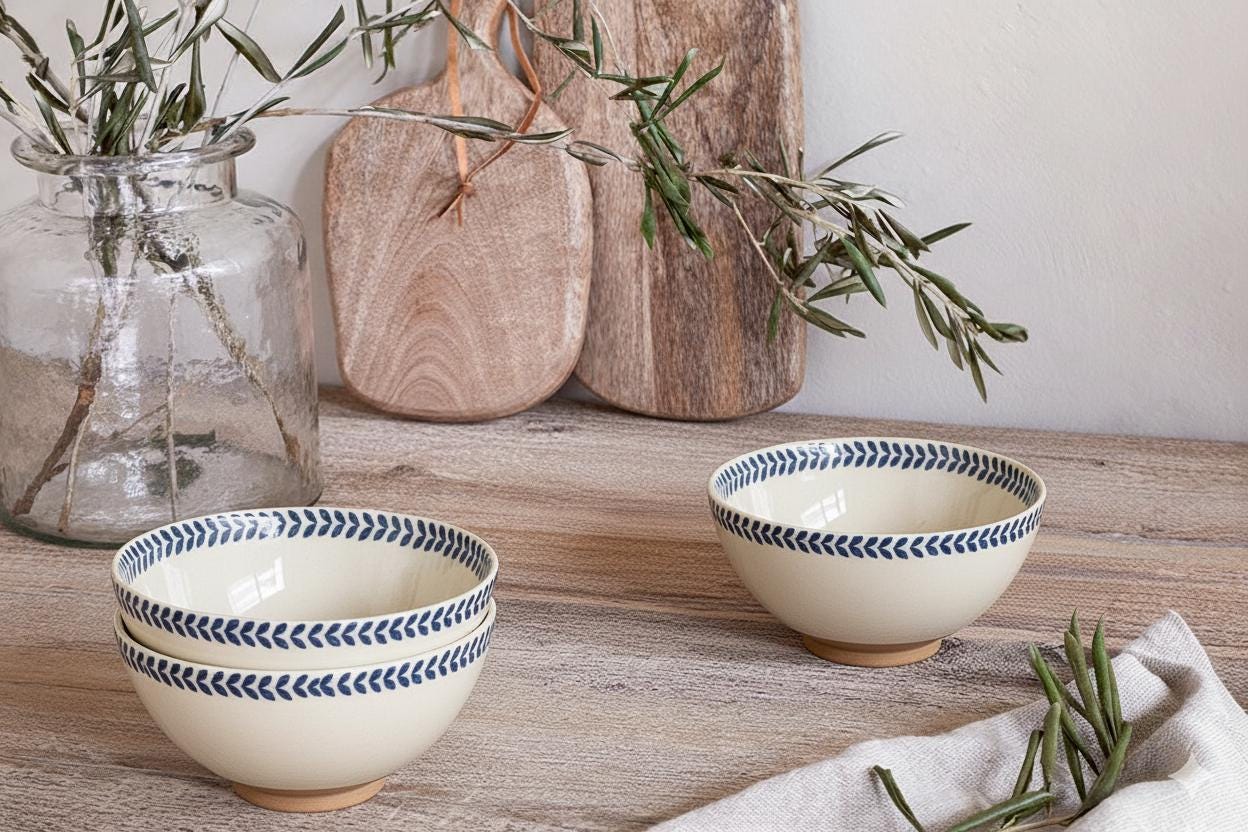 Fayoum pottery Hand-Painted Egyptian Pottery Bowl, Fayoum Ceramic Salad Bowl With Blue Pattern, 21 cm - detail view