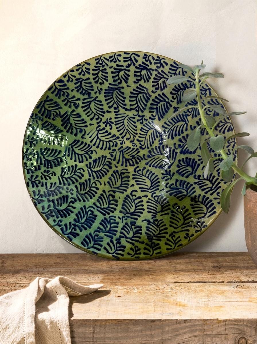 Fayoum pottery Egyptian Fayoum Pottery Serving Bowl – Green & Blue Hand-Painted Ceramic – 37 × 9 cm - side view