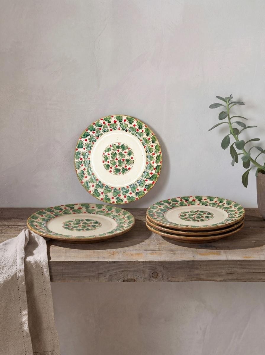 Fayoum pottery Handmade Egyptian Dinner Plate – Fayoum Pottery, Green & Red Clover Design - side view