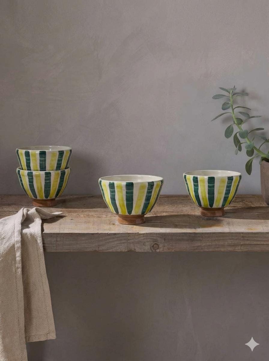 Fayoum pottery Handmade Fayoum Pottery Bowl – Yellow & Green Stripes, Egyptian Ceramic - side view