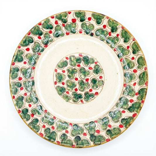 Fayoum pottery Handmade Egyptian Dinner Plate – Fayoum Pottery, Green & Red Clover Design - front view