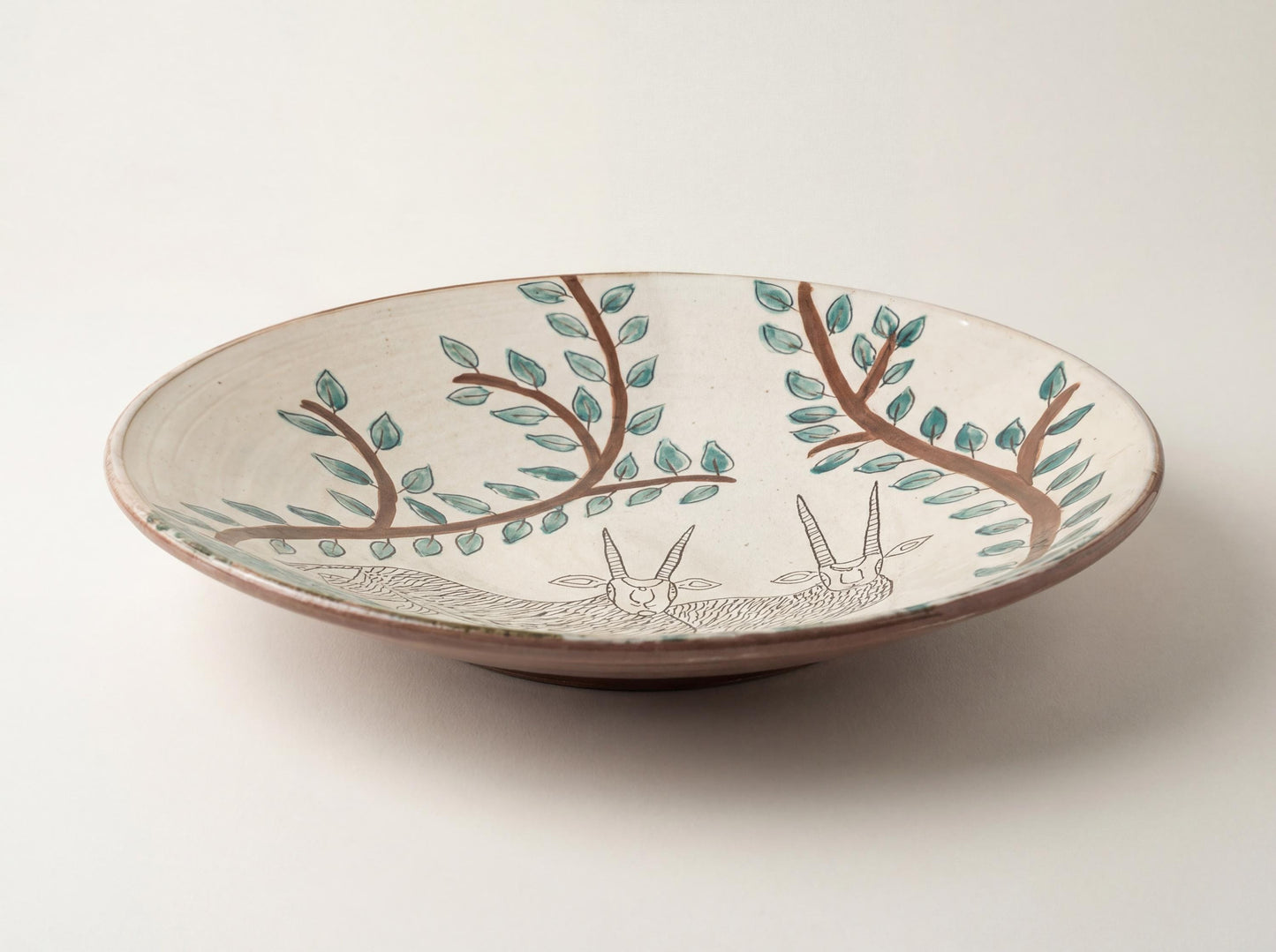 Fayoum pottery Hand-Painted Fayoum Ceramic Serving Bowl –Green Gazelle & Olive Tree Design (39.5 cm) - detail view