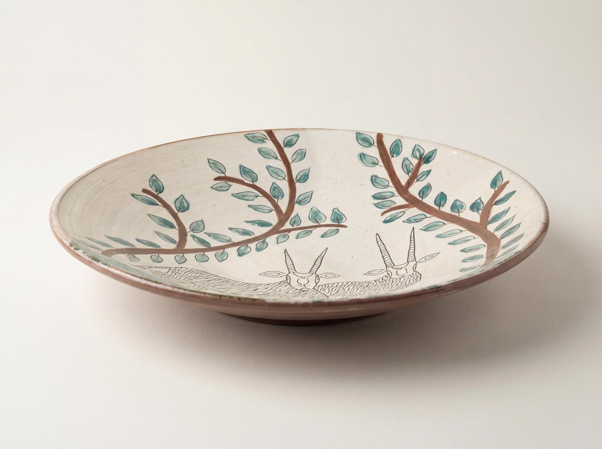 Fayoum pottery Hand-Painted Fayoum Ceramic Serving Bowl –Green Gazelle & Olive Tree Design (39.5 cm) - detail view
