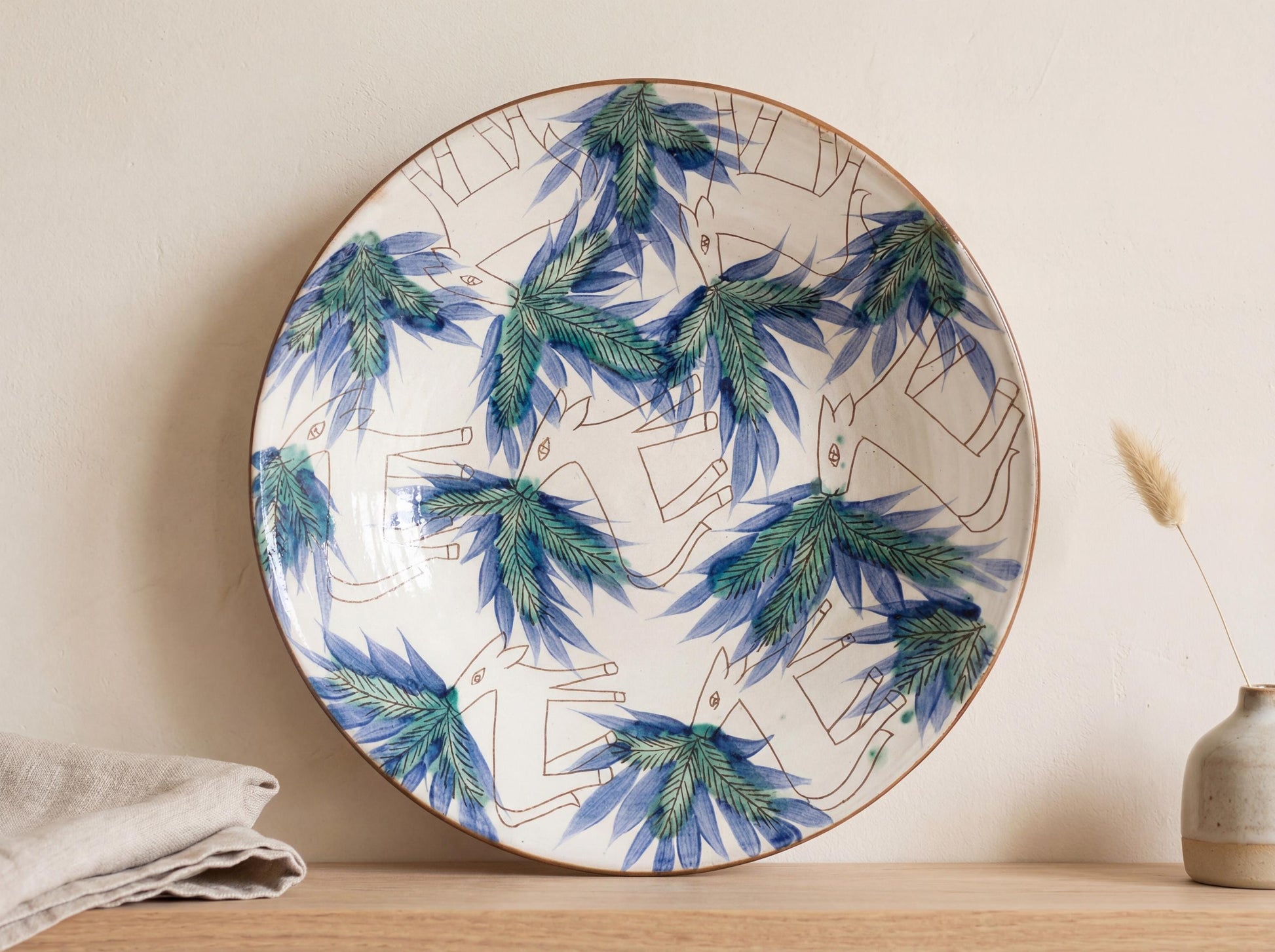 Fayoum pottery Fayoum Ceramic Large Serving Plate – Blue Palm & Gazelle Pattern – 44cm - side view
