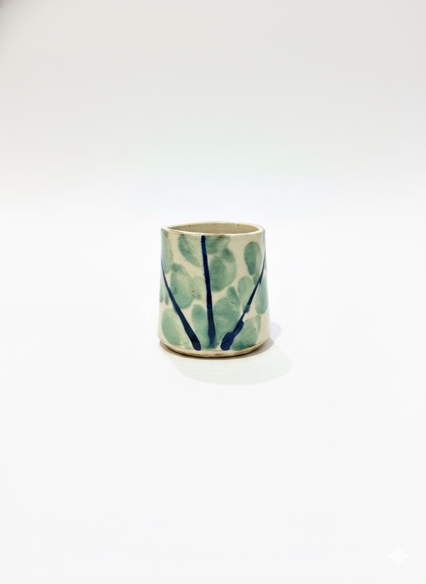 Fayoum pottery Hand Painted Fayoum Pottery Espresso Cups Small Ceramic mug 7cm  Green Leaf Brush Pattern - front view