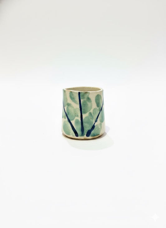 Fayoum pottery Hand Painted Fayoum Pottery Espresso Cups Small Ceramic mug 7cm  Green Leaf Brush Pattern - front view