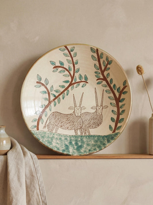 Fayoum pottery Hand-Painted Fayoum Ceramic Serving Bowl –Green Gazelle & Olive Tree Design (39.5 cm) - front view
