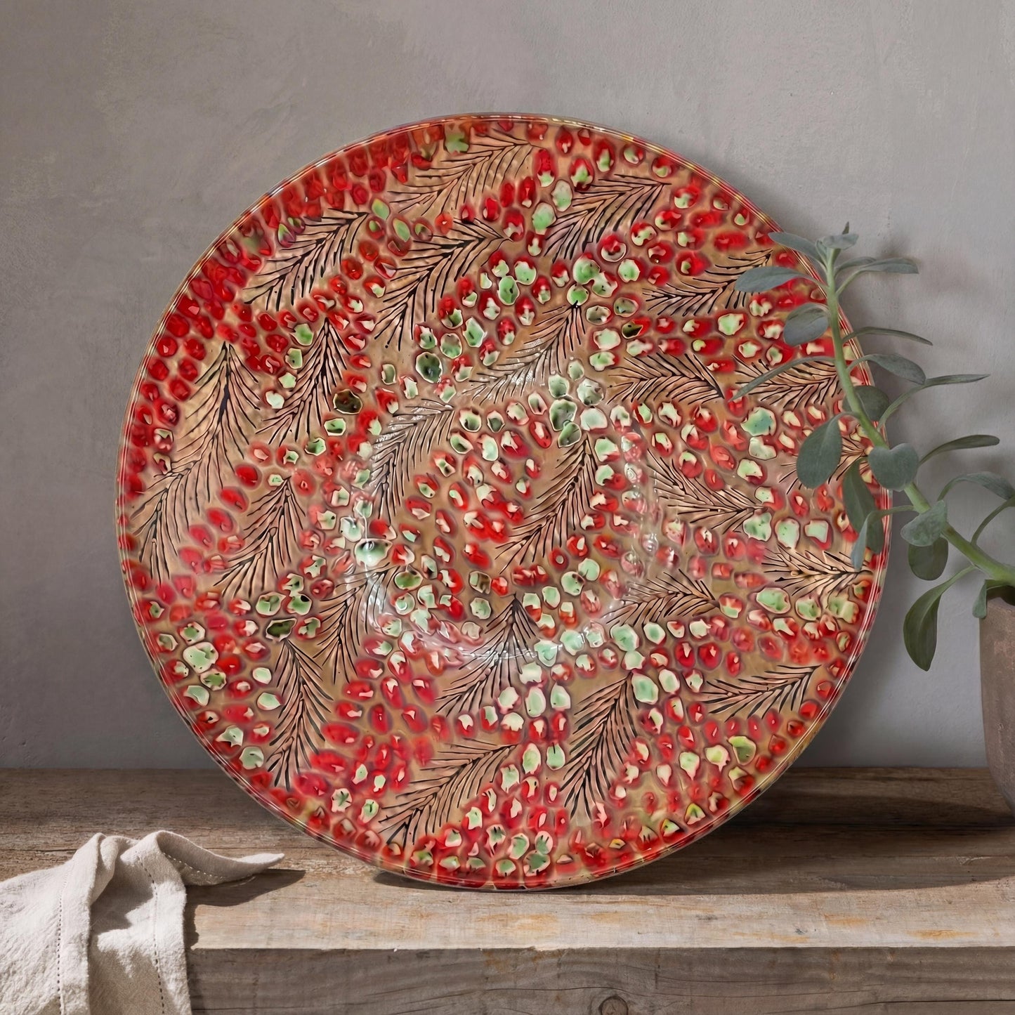 Fayoum pottery Handmade Deep Red Ceramic Serving Bowl | Egyptian Pottery Centrepiece (36.5 cm) - front view