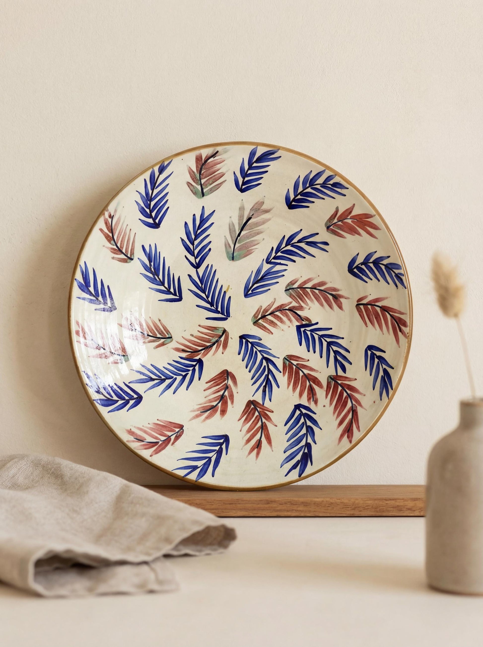 Fayoum pottery Fayoum Ceramic Deep Serving Bowl – Blue & Brown Palm Leaf Pattern – 41cm - front view
