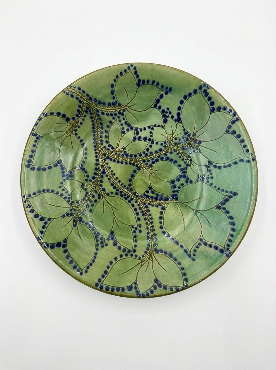 Fayoum pottery Egyptian Fayoum Pottery Decorative Serving Bowl – Green Leaf & Blue Hand-Painted Ceramic – 37.5 × 9 cm - si...